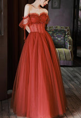 Charming Sweetheart Beaded Off Shoulder long Party Dresses, Tulle Evening Gown