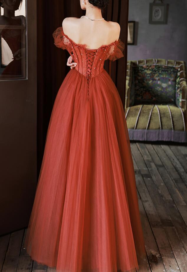 Charming Sweetheart Beaded Off Shoulder long Party Dresses, Tulle Evening Gown