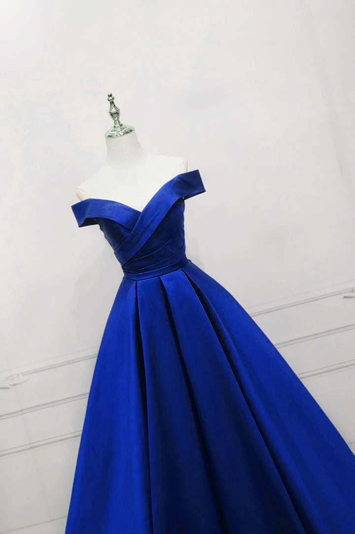 Blue Satin Off Shoulder Simple A-line Prom Dress, Blue Evening Formal Dresses