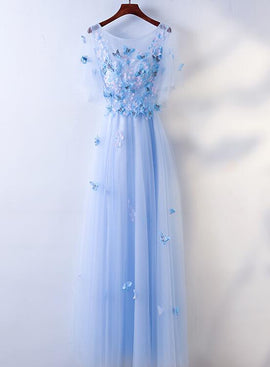 Simple A-line Blue Tulle with Lace Applique, Blue Floor Length Prom Dress