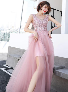 Pink Beaded V-neckline Tulle Long Party Dress, Pink Floor Length Prom Dress