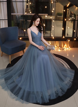 Grey Long Prom Dress Sweetheart Straps Prom Dress, Grey Formal Dress