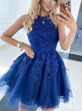 Blue Tulle with Lace Short Prom Dress, Blue Homecoming Dresses