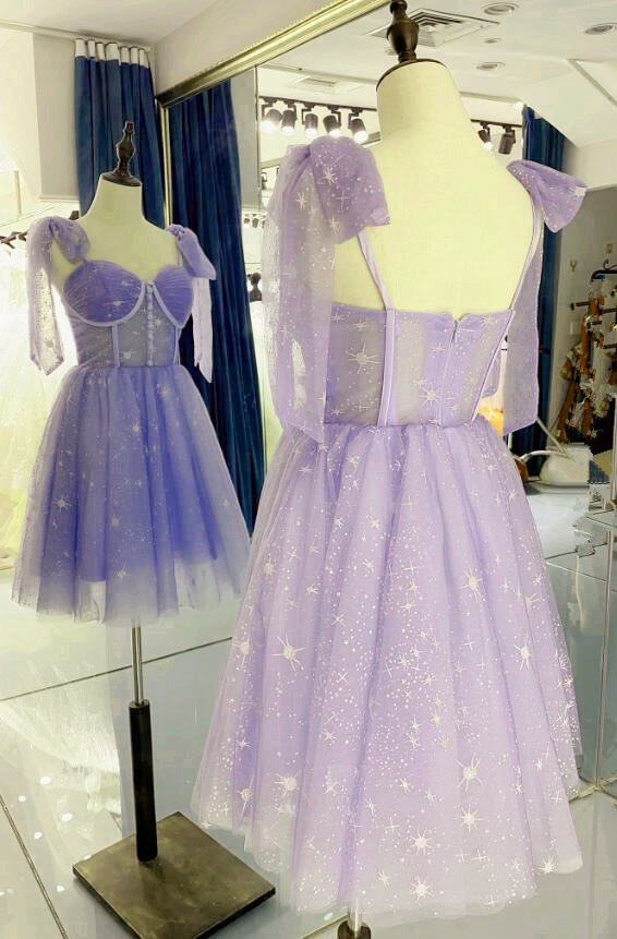 Lavender Tulle Short Straps Party Dress, Tulle Homecoming Dresses
