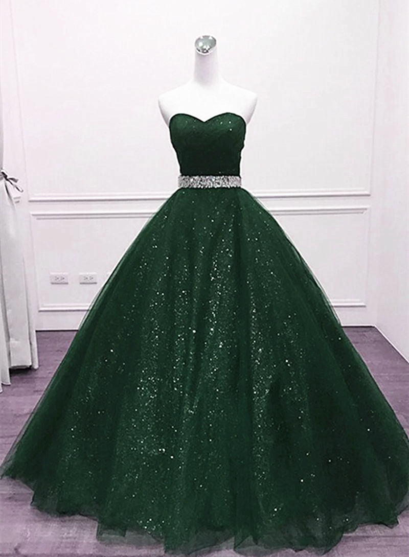 Dark Green Tulle Beaded Long Party Dress, Green Ball Gown Evening Gown