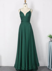 Dark Green Satin Straps V-neckline A-line Party Dresses, Green Evening Long Prom Dress