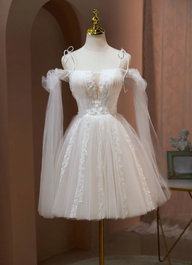 Ivory Tulle Knee Length with Lace Short Prom Dress, Cute Ivory Party Dresses