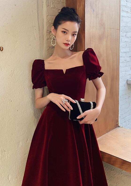 Velvet Party Gown Long Wine Red Velvet Tea Length Short Sleeves Party Dress, Dark Red Evening Cutedressy Velvet Party Gown Long Wine Red Velvet Tea Length Short Sleeves Party Dress, Dark Red Evening Cutedressy
