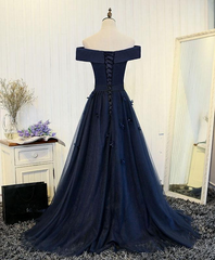 Navy Blue Off Shoulder Floor Length Party Dress, Prom Dress, Formal Gowns, Lace-up Dresses