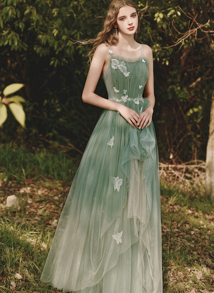 Simple Green Tulle Tea Length Prom Dress, Green Evening Dress main image 1