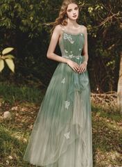 Green Lovely Tulle Straps Long Simple Prom Dress, Green Evening Dress
