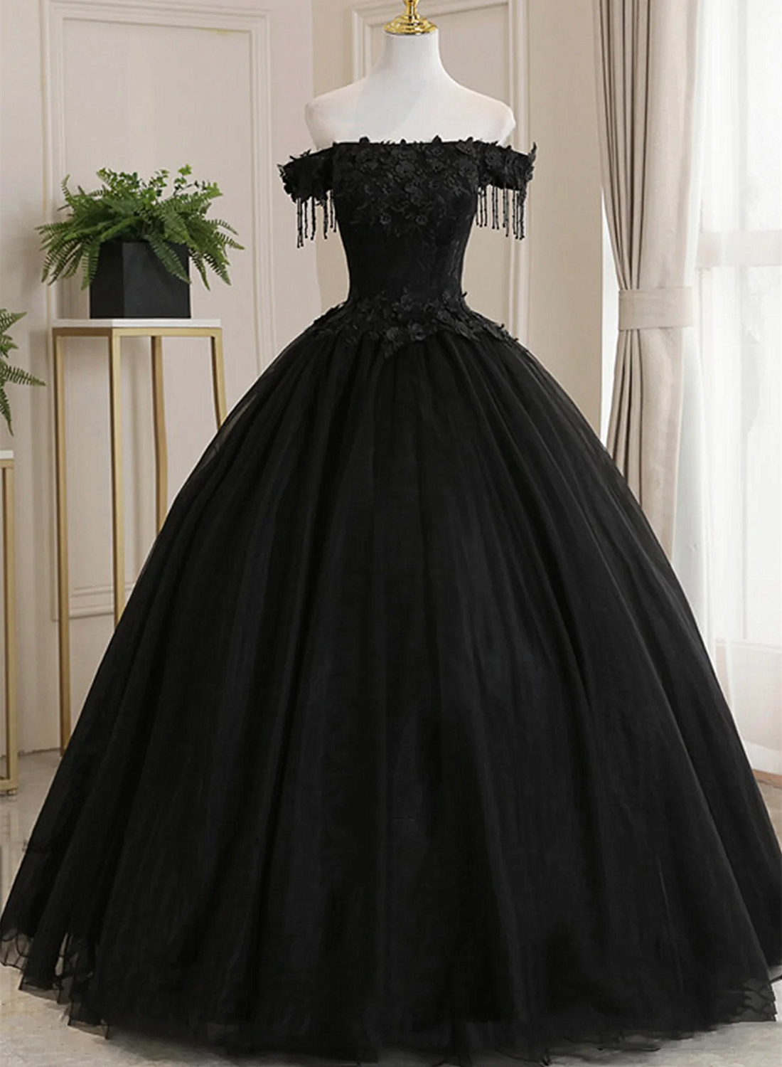 Black Off Shoulder Tulle Ball Gown with Lace Sweet 16 Dress, Black Lon ...