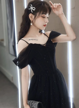 Black Sweetheart Tulle Off Shoulder A-line Prom Dress, Straps Shiny Black Evening Dress