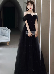 Black Sweetheart Tulle Off Shoulder A-line Prom Dress, Straps Shiny Black Evening Dress