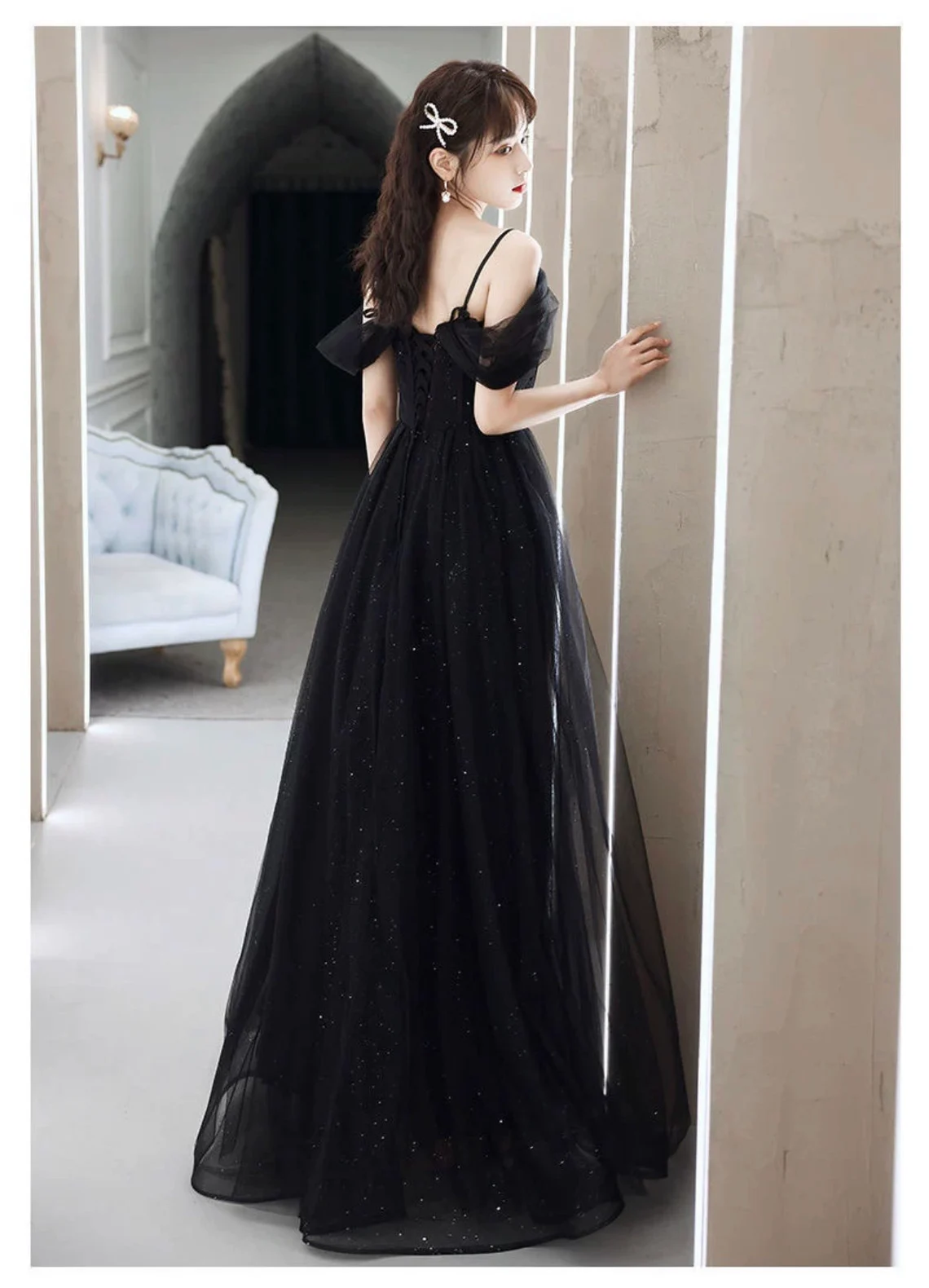 Black Sweetheart Tulle Off Shoulder A-line Prom Dress, Straps Shiny Bl Cutedressy Black Sweetheart Tulle Off Shoulder A-line Prom Dress, Straps Shiny Bl Cutedressy
