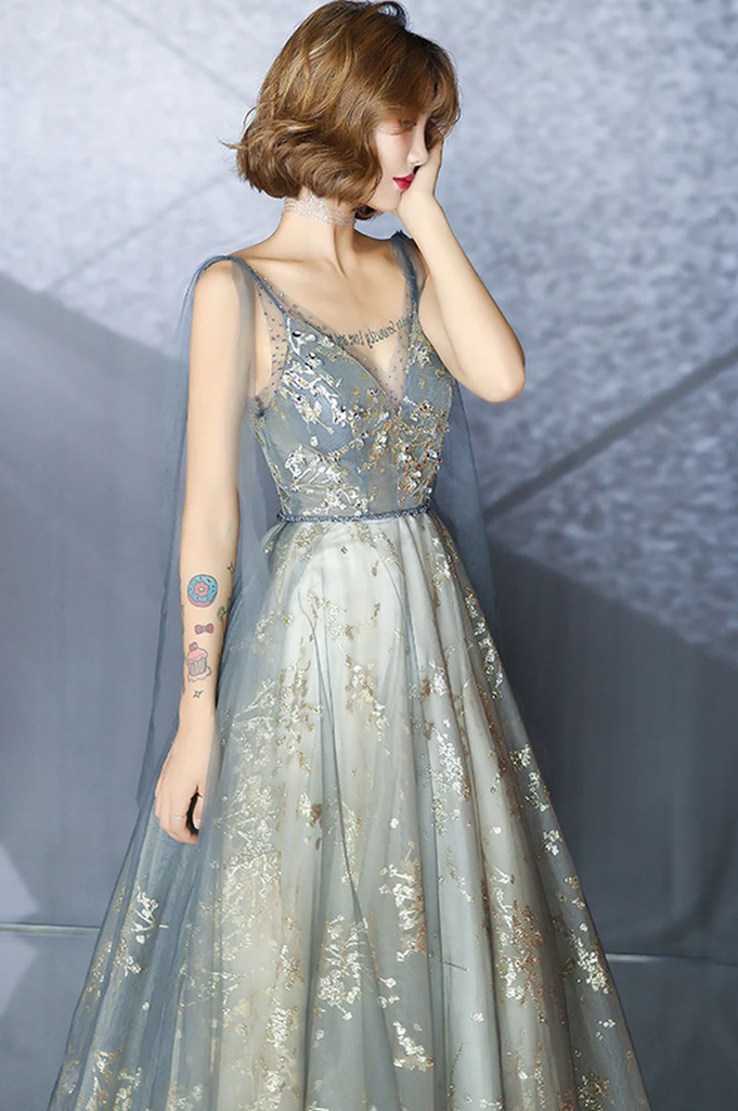 Smoky Blue Tulle Deep V Backless A-Line Short Party Dress