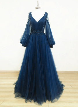 Navy Blue Puffy Sleeves Tulle with Beadings Long Party Dress, Blue Long Prom Dress