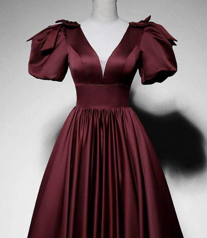 Maroon Satin Short Sleeves Low Back Long Prom Dress, Maroon Evening Dr Cutedressy Maroon Satin Short Sleeves Low Back Long Prom Dress, Maroon Evening Dr Cutedressy