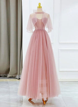 Lovely Pink Tulle Beaded Long Prom Dress with Cape, Pink  Long Party Dress