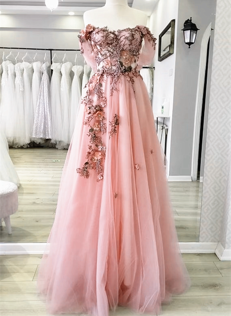 Pink A-line Off Shoulder Long Prom Dresses, Floral Applique Evening Dress
