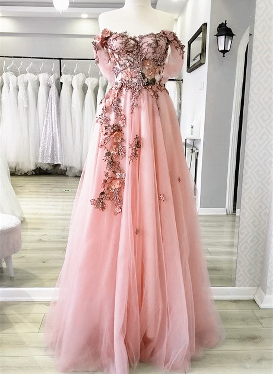 open lace back dress Pink A-line Off Shoulder Long Prom Dresses, Floral Applique Evening Dr Cutedressy open lace back dress Pink A-line Off Shoulder Long Prom Dresses, Floral Applique Evening Dr Cutedressy
