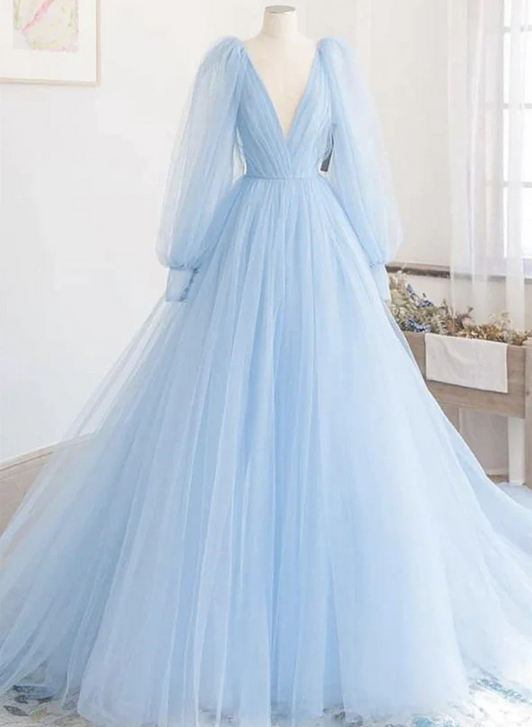 Light Blue Long Sleeves Blue Tulle Prom Dress, Blue Tulle A-line Party