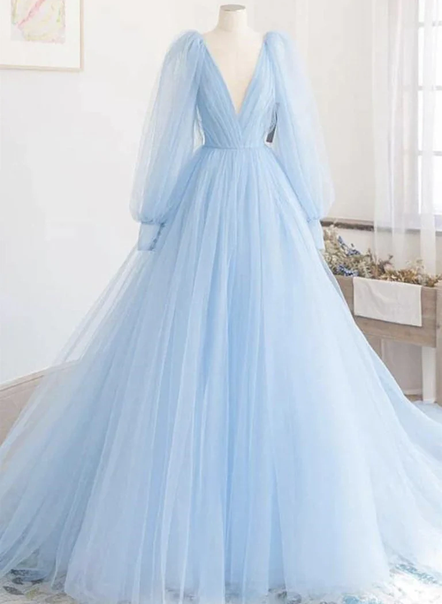 Light Blue Long Sleeves Blue Tulle Prom Dress, Blue Tulle A-line Party Dress