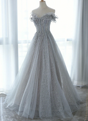Sliver Grey Tulle Sweetheart Party Dress, A-line Tulle Floor Length Prom Dress
