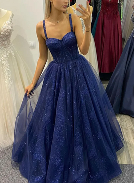 Navy Blue Shiny Tulle Straps Sweetheart Party Dress, A-line Blue Prom Dress