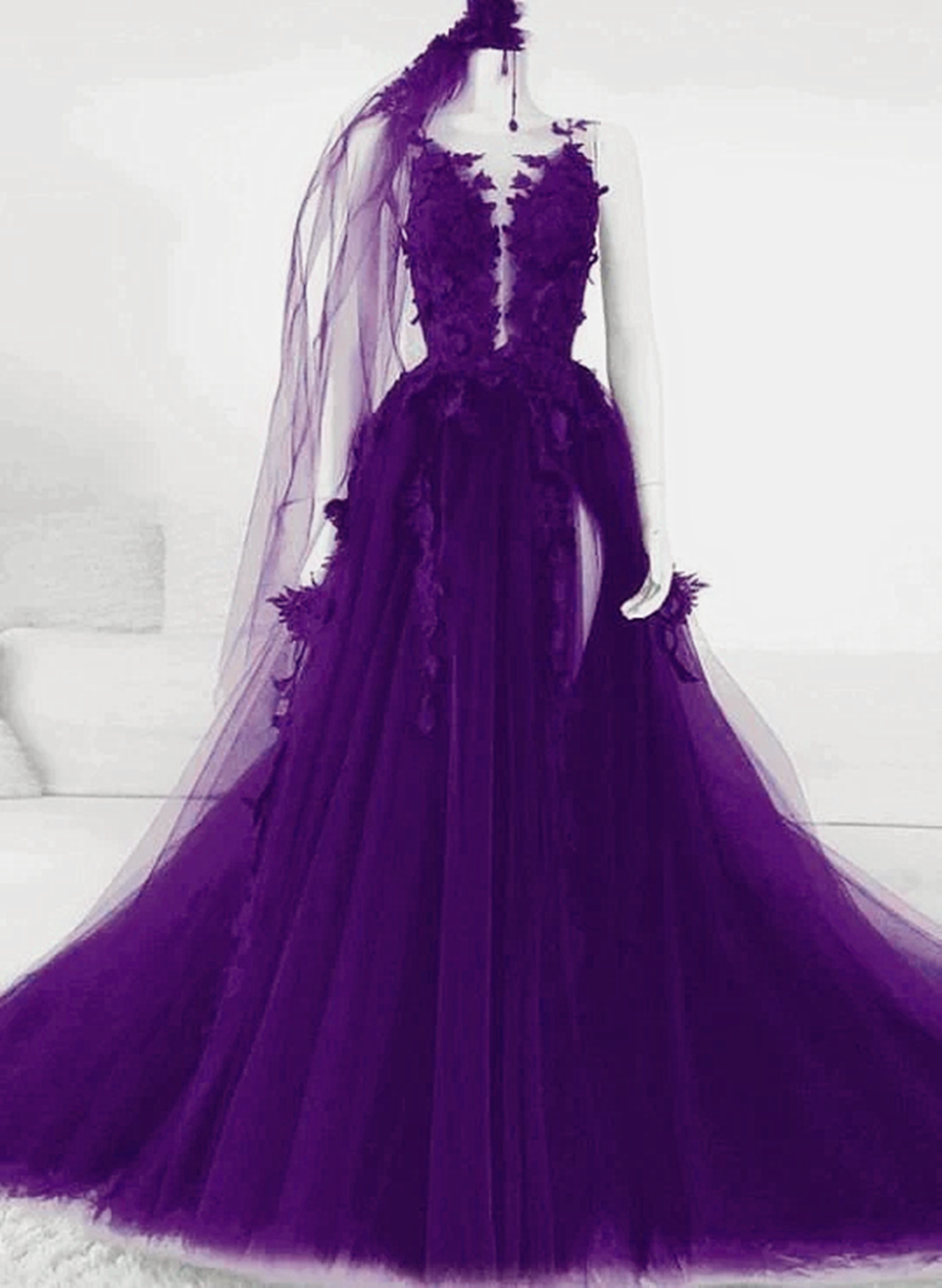 Purple Tulle with Lace Applique Long Party Dress, A-line Tulle Formal Dress