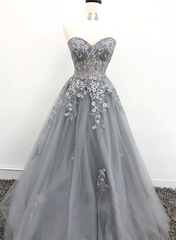 Light Grey Tulle Sweetheart Formal Dress with Lace, A-line Tulle Lace-up Prom Dress