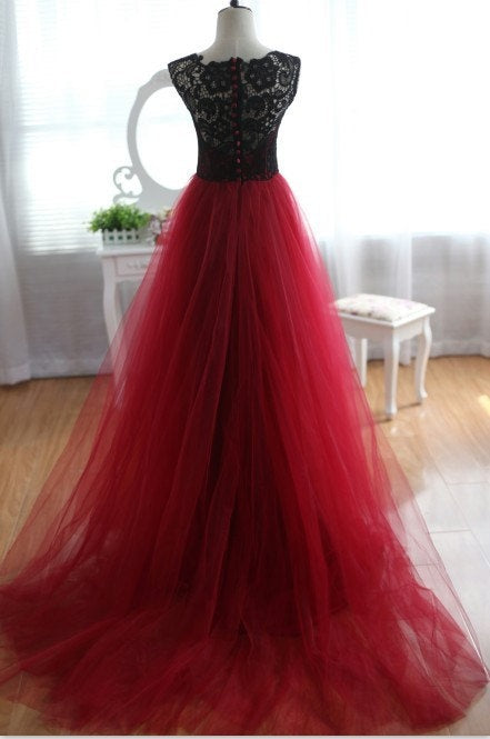 Black and Wine Red Vintage Lace Formal Wear, Tulle Party Dresses, Prom Dress