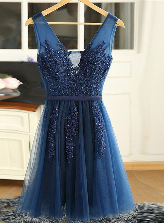 Navy Blue V-neckline Tulle with Lace Applique Short Prom Dresses, Blue Bridesmaid Dresses