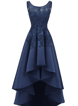 Navy Blue Lace Beaded Wedding Party Dresses, High Low Bridesmaid Gowns Formal