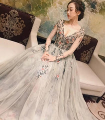 Grey Tulle Long Sleeve Prom Dresses V-neck A-line, Embroidery Prom Dress Long Evening Dress