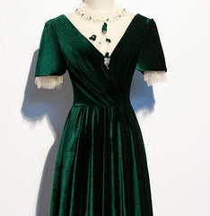 Dark Green Velvet Short Sleeves A-line Bridesmaid Dress, Long Prom Dress Evening Dress