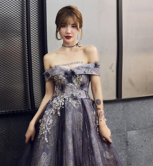 Purple Tulle Sweetheart with Flowers Long Formal Gown, A-line Off Shoulder Party Dress