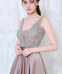 V-neckline Soft Satin Sequins Top A-line Prom Dress, Beautiful Party Dress Evening Dress