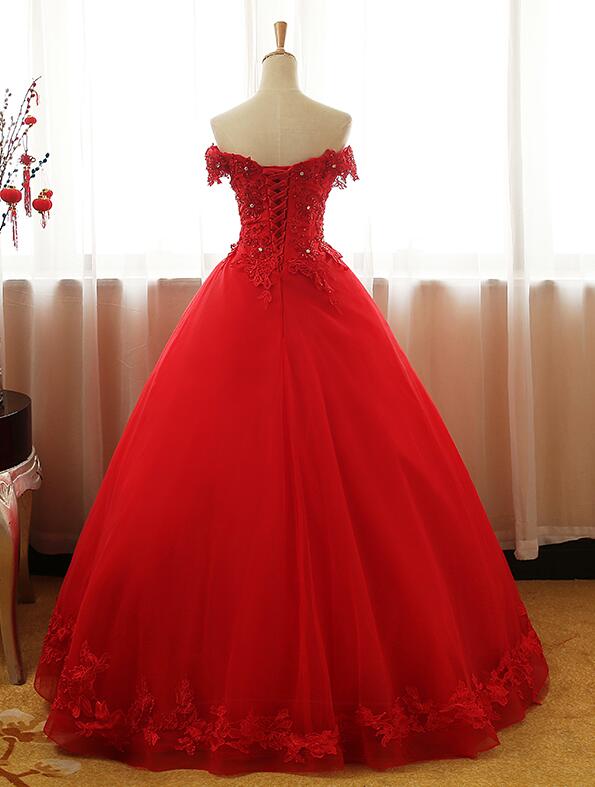 Red Off Shoulder Long Party Dress, A-line Tulle Evening Dress Formal Gown