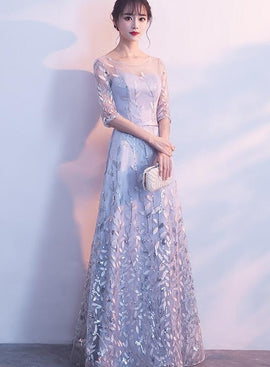 Grey A-line Tulle with Lace Short Sleeves Formal Dress, Grey Party Dress Evening Dress