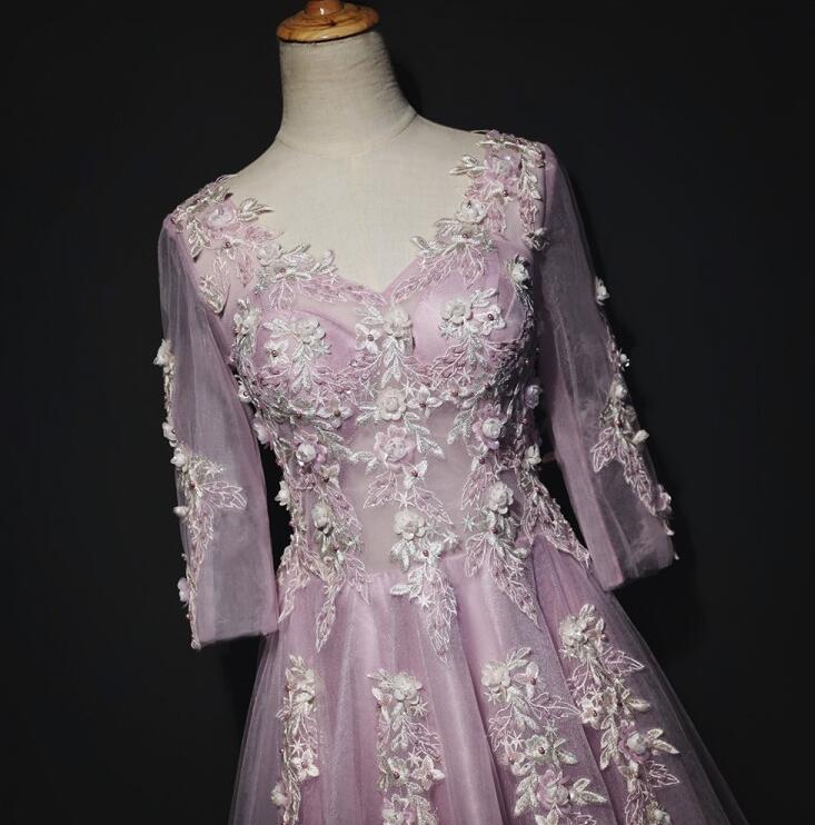 Flowy A-Line V-Neck Pink Floral Tulle Bridesmaid Dresses