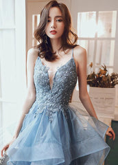 Blue V-neckline Lace Applique Layers Straps Formal Gown, Blue Prom Dress Party Dress