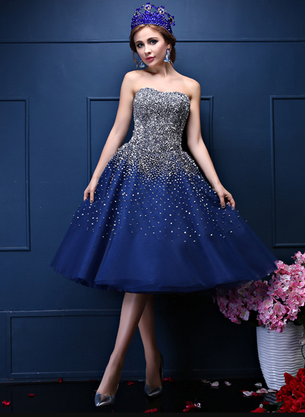 Navy Blue Sequins Sweetheart Tulle Knee Length Party Dresses, Blue Hom –  Cutedressy