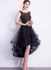Black High Low Tulle Round Neckline Lace Homecoming Dress, Black Short Party Dress Prom Dress