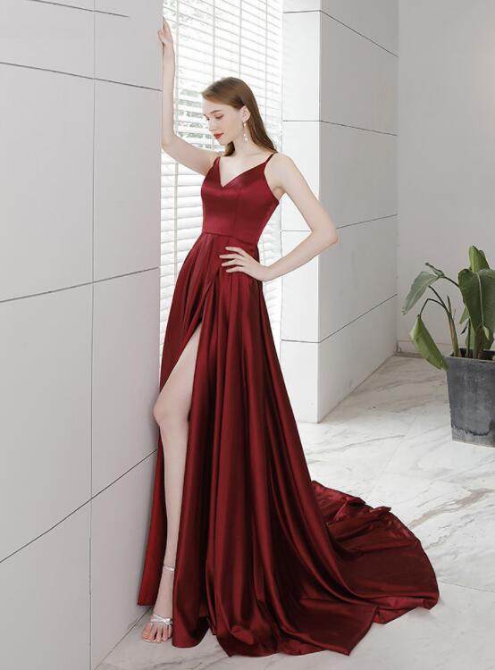 Burgundy Satin Straps High Leg Slit Long Party Dress Evening Dress, Bu ...