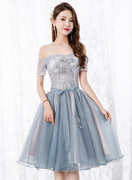 Lovely Organza Tulle Grey-Blue Short Sweetheart Lace Homecoming Dress, Short Party Dress