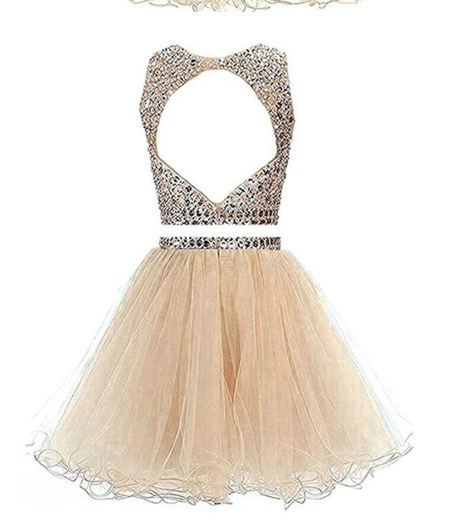 Two Piece Champagne Cute Short Sequins Party Dress, Round Neckline Prom Dress Homecoming Dress