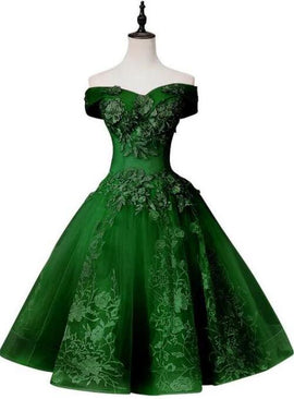 Green Off Shoulder Tea Length Party Dress with Lace, Green Formal Dress Prom Dress