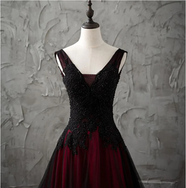 Black and Wine Red V-neckline Long Party Dress, Tulle Evening Dress with Lace