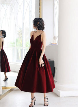 Sexy Velvet Dark Red Backless Straps Wedding Party Dress, Burgundy Short Prom Dresses